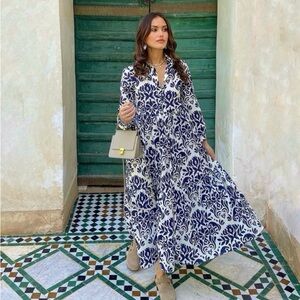 Zara Sunny Dress, Size Small, Ivory and Navy Print, Midi Length, Long Sleeve